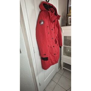Canada Weathergear Women's Large Red Parka Coat Button Up Hooded Warm Winter